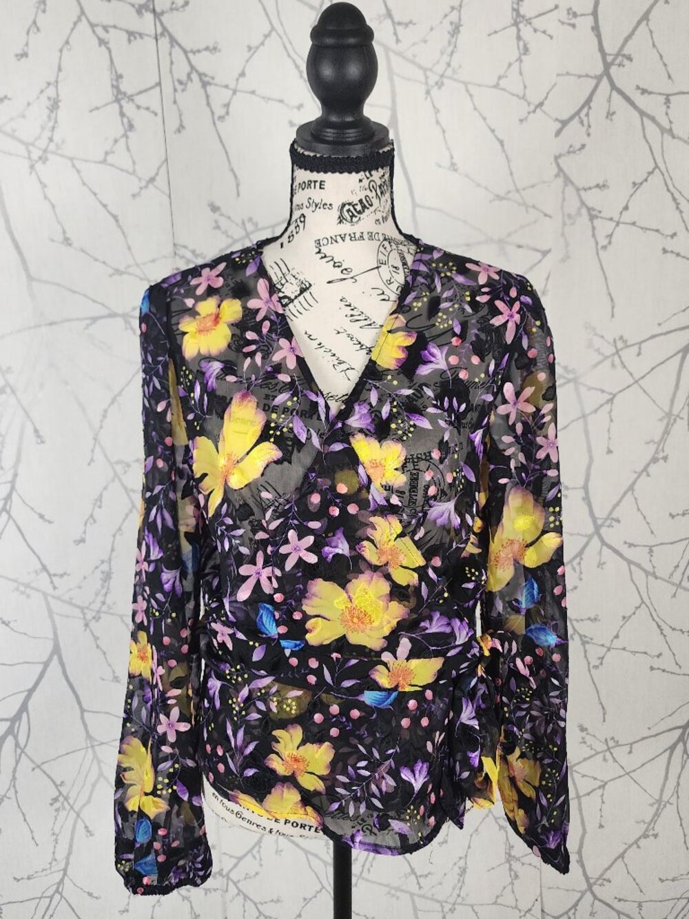 The Moon Colorful Floral Print Sheer Wrap Around Blouse